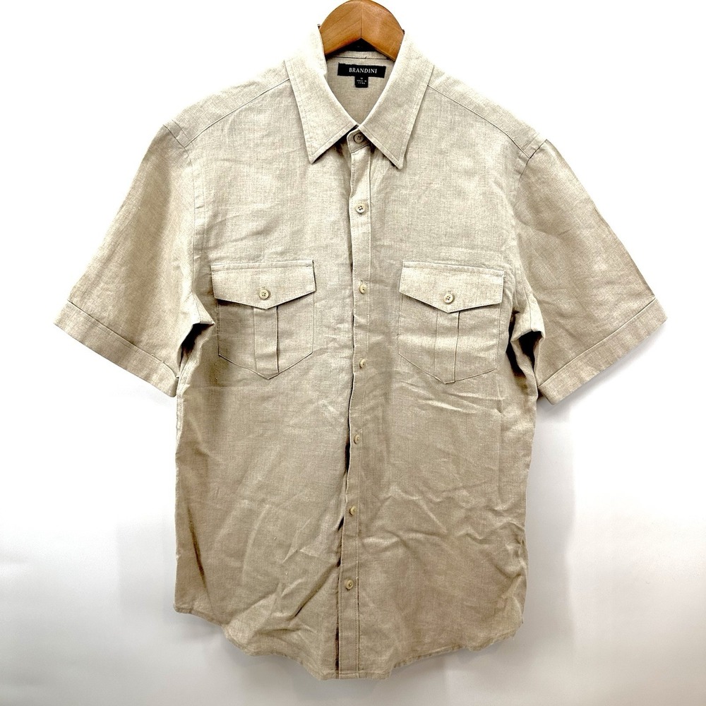 Brandini‎ Linen Shirt Mens SZ M Tan Short Sleeve Button Up Minimalist U1032